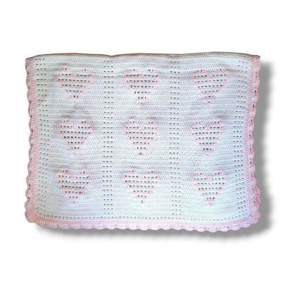 Vintage Handmade Baby Blanket for Girls White Pink Hearts Nursery Knit Throw - Picture 8 of 8